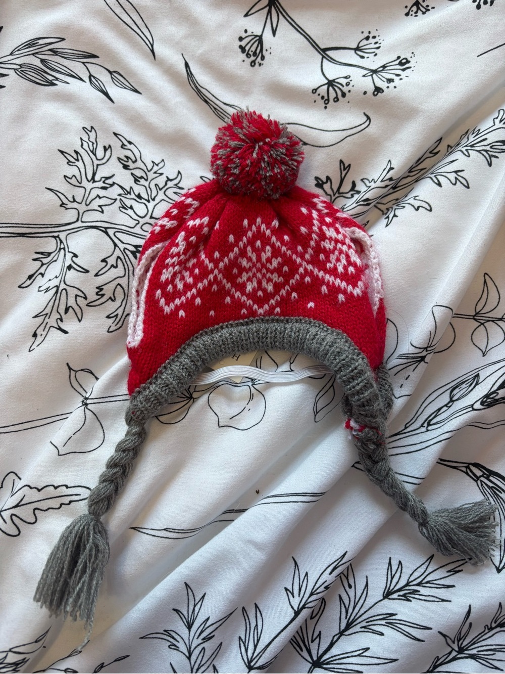 Red & Gray Knit Earflap Dog Hat with Pom-Pom